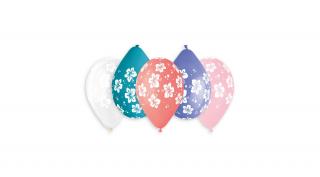 33 cm-es fehér hibiszkusz printelt gumi léggömb - 10 db / csomag
