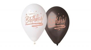 33 cm-es Happy Birthday metál fekete-fehér rosegold printelésű gumi léggömb - 50 db / csomag