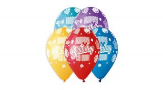 33 cm-es Happy Birthday to You lufis mintás, vegyes színű printelt gumi léggömb - 50 db / csomag