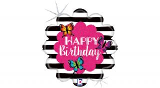 45 cm-es Happy Birthday csíkos pillangós fólia lufi