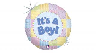 45 cm-es hologramos It's a Boy patchwork mintás fólia lufi