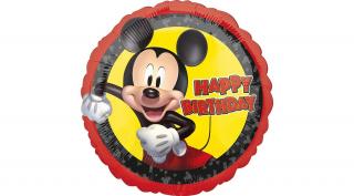 45 cm-es piros-fekete-sárga Mickey egér Happy Birthday kerek fólia lufi