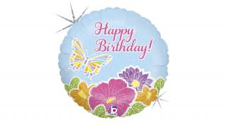 45 cm-es virágos pillangós Happy Birthday hologramos fólia lufi