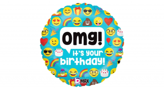 46 cm-es fólia lufi Emoji mintás, OMG! It's your birthday! felirattal