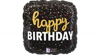 46 cm-es kocka alakú fekete Happy Birthday konfettis fólia lufi
