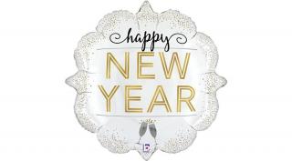61 cm-es pezsgőspoharas Happy New Year kocka fólia lufi