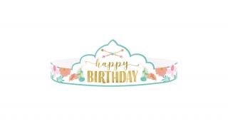Boho Birthday Girl - Happy Birthday virágos-arany papírtiara 8db/cs