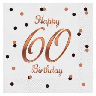 Happy Birthday 60. születésnapra fehér-rosegold szalvéta - 33 cm x 33 cm, 20 db / csomag