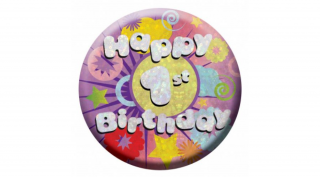 Hologramos Happy Birthday kitűző 1.  születésnapra - 55 mm