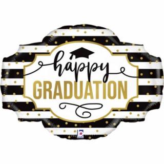 SuperShape - fekete fehér csíkos happy Graduation fólia lufi