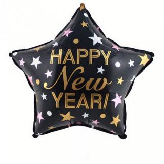Csillag alakú,happy new year feliratos,fólia lufi,46 cm.