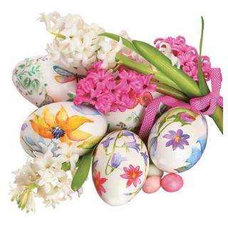 Húsvéti szalvéta, tojások és orgona