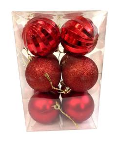 Piros karácsonyfa gömbdísz dobozban, 6 cm, 12 db