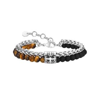 2 soros Hematit karkötő-Tiger eye-liliomvégű kereszt dísszel