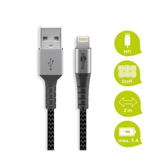 Goobay USB - Lightning flexibilis textil adat- és töltő kábel, 2 m, asztroszürke-ezüst