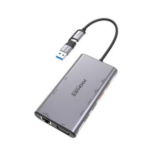 Promate USB Hub - PRIMEHUB MST (USB-C 9in1 HUB, 2x4K HDMI, VGA, 2xUSB 3.0, 1xUSB 2.0, 2xUSB-C, RJ45, adapter, szürke)