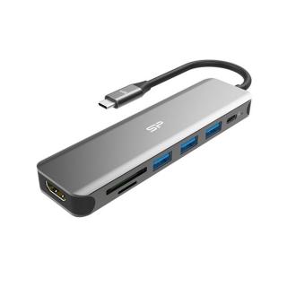 Silicon Power USB HUB - Type-C 7in1 HUB  (1db HDMI, 1db MicroSD, SD kártya, 3db  USB3.0, 1db Type-C ) Fekete