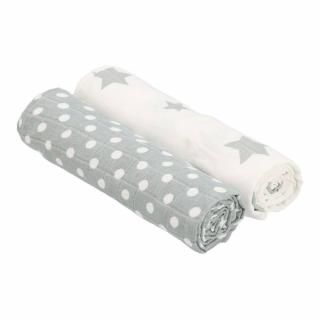 Pamut  tetra fürdőlepedő New Baby Softy, mérete: 90 x 110 cm, anyaga: 100% pamut, színe: szürke fehér pöttyökkel, fehér szürke csillagokkal, 2 db-os kiszerelés kartondobozban.
