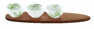 Porcelán 3db-os tálkaszett akácfa tálcán - 40x10,5cm - Natura