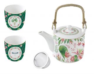 Porcelán teáskanna két porcelán pohárral - Botanical Chic