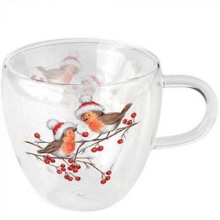 Karácsonyi duplafalú borosilicate üvegcsésze 250ml Vörösbegyek