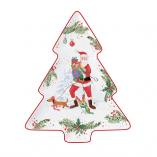 Karácsonyi mintás porcelán fenyőfa alakú tálca - Joyful Santa