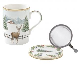 Karácsonyi porcelán szűrős bögre tetővel White Forest