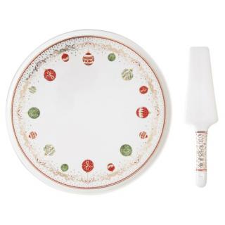 Karácsonyi porcelán tortatál lapáttal, 32cm, dobozban, Christmas Eve