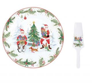 Karácsonyi porcelán tortatál lapáttal - 32cm - Joyful Santa