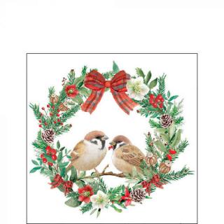Karácsonyi szalvéta 25x25cm - Sparrows in wreath