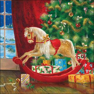 Karácsonyi szalvéta - 33x33cm, 20db-os - Wooden rocking horse