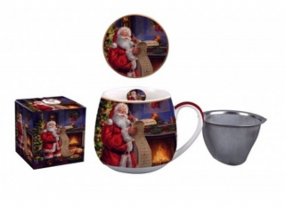 Porcelán bögre tetővel, fém szűrővel, 430ml, dobozban, Santa Letter