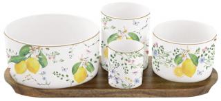 Porcelán kínáló tálka szett akácfa tálcán - Fleurs et Citrons