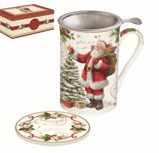 Porcelán teás bögre tetővel, fém szűrővel - 300ml - Magic Christmas