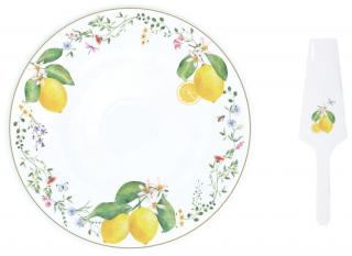 Porcelán tortatál lapáttal - 32cm - Fleurs et Citrons