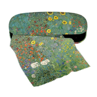 Szemüvegtok textilbevonatú, törlőkendővel - Klimt: Kert napraforgókkal