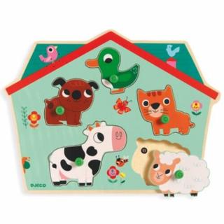 Djeco fogantyús puzzle - farm állatai - fa kirakó - fa puzzle - fejlesztő játék - montessori játék - fajáték - DJ01707