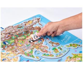 Mágneses világtérkép puzzle - 3 az 1-ben térkép játék - fa kirakó -91290
