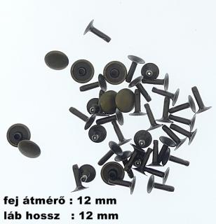 Csőszegecs, bőrszegecs 12 mm(fej)+12 mm (láb),antikolt, vas. 26 Ft/db (100 db/cs) ()