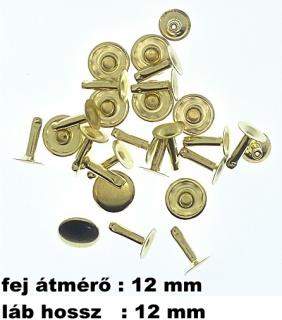 Csőszegecs, bőrszegecs 12 mm(fej)+12 mm (láb), arany színű. 26 Ft/pár  (100 pár) ()