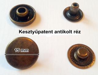 Kesztyűpatent 15 mm réz alapú, antikolt színű sima kerek, 75 Ft/szett (100db) ()