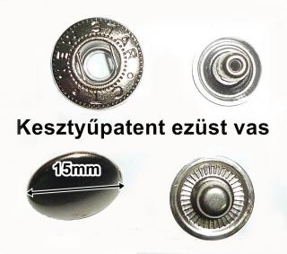 Kesztyűpatent 15 mm vas alapú, ezüst színű patent kerek sima, (100 szett) Géppel felüthető