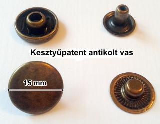 Kesztyűpatent 15 mm vas anyagú, antikolt patent sima kerek, (100 szett)