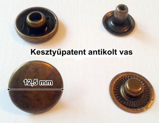 Kesztyűpatent vas alapú,12,5 mm antikolt színű sima.(100 szett) Géppel felüthető patent.