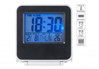 Kompakt digitális utazási ébresztőóra hőmérővel, naptárral és időzítővel, összecsukható