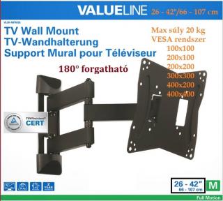 Valueline VESA FALI LCD TV TARTÓ 26" - 42" 66 - 107cm 20kg DÖNTHETŐ FORGATHATÓ CSUKLÓS KONZOL FEKETE VLM-MFM30