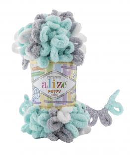 Alize Puffy Color 6408 - menta, szürke, fehér (kötés kézzel,)