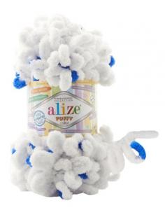 Alize Puffy Color 6471 - fehér, kék foltos (kötés kézzel, tű)