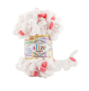Alize Puffy Color 6490 - fehér - korall foltos (kötés kézzel,)