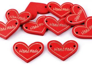 Szív alakú Hand Made címke - piros ( 23 x 30 mm)
